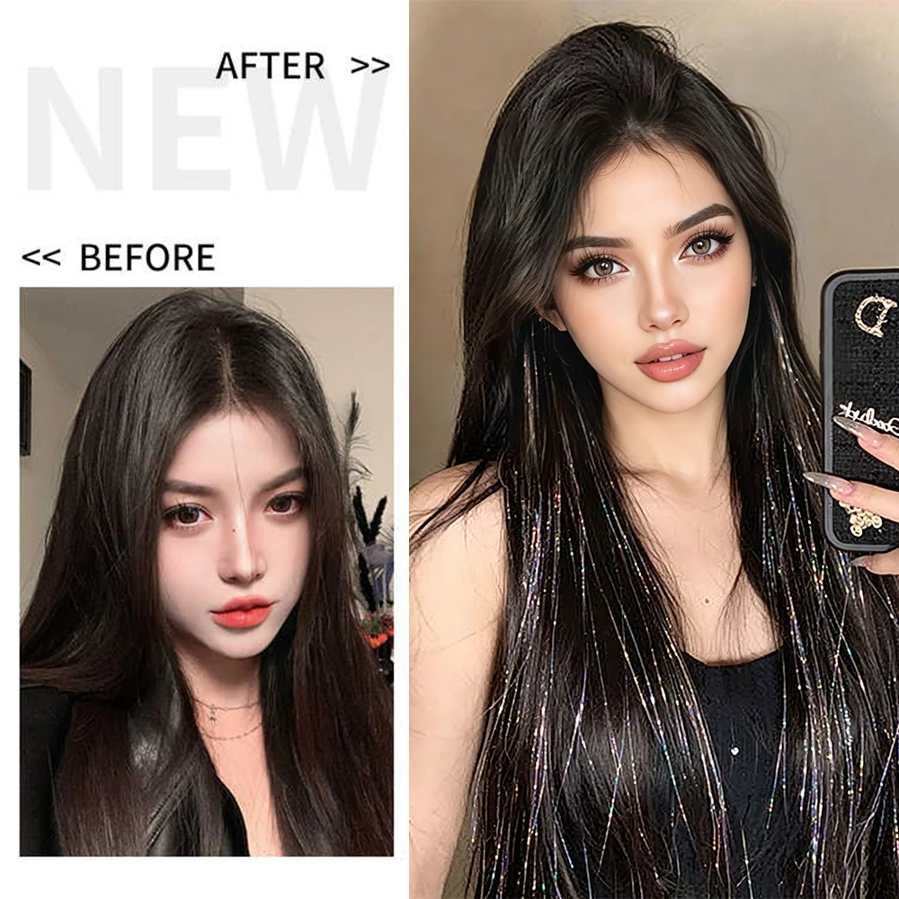 Shiny Sparkle Hair Extension Clip In Hair Tinsel Glitter Fairy Hair Tinsel Kit Heat Resistant 2Pcs Hair Streak Synthetic Hair