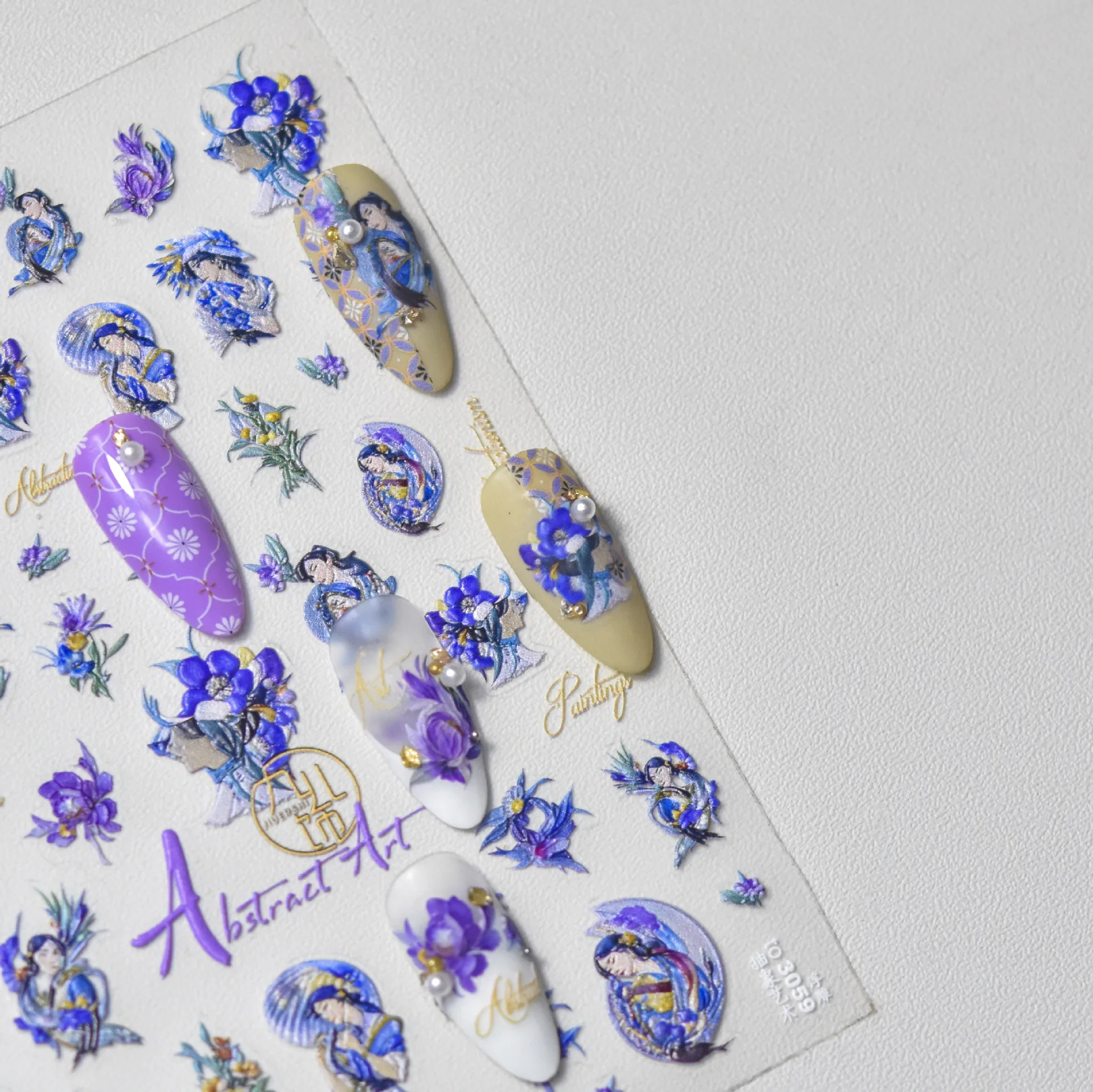 Blauw en wit porselein goud stempelen 5D vlinder bloemen zwaluw venster Chinese stijl slag nail art stickers manicure sticker