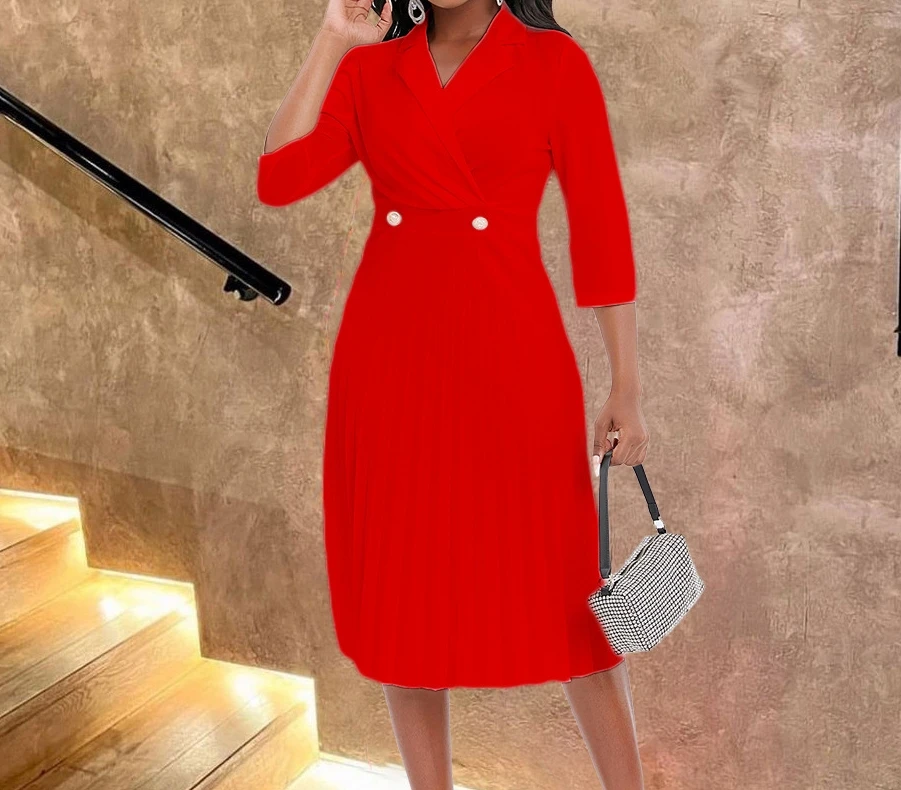 

Urban Style 2024 Women's Medium Length Skirt New Casual Simple Mid Waist Suit Collar Solid Color Temperament Pleated Dress