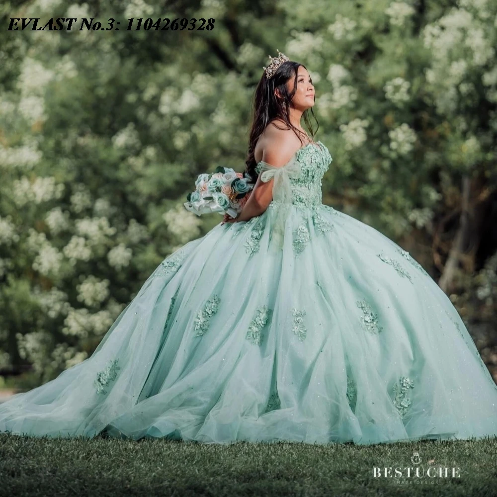 

EVLAST Customized Shiny Sage Green Quinceanera Dress Ball Gown Floral Applique Beading Tie Sweet 16 Vestidos De 15 Anos E3Q726