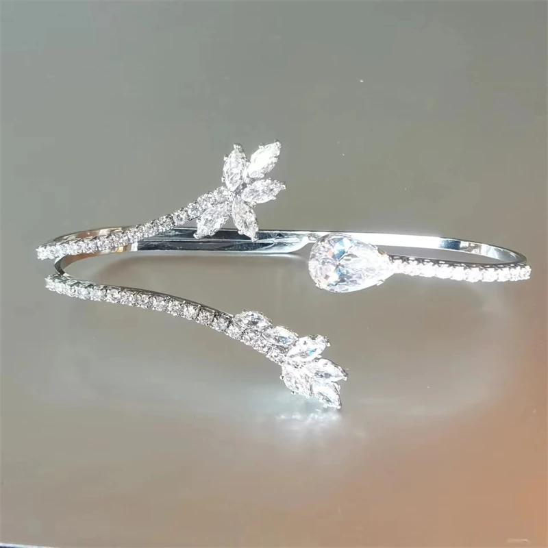 2 In 1 CZ Zircon Flower Leaf Hand Palm Bangles Finger Rings Jewelry Sets Bridal Cuff Bracelet Trendy Hand Palm Handlet for Women