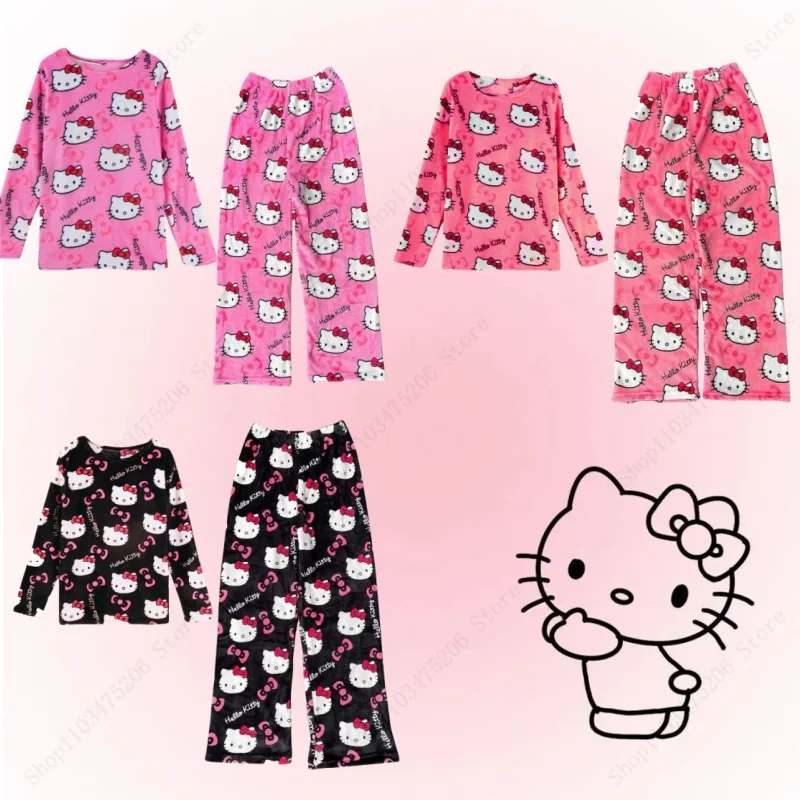 

Cartoon HelloKittys Autumn and Winter Flannel Thickened Velvet Cartoon Print Set Winter Wearable Home Clothing Set