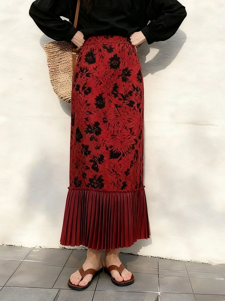 Vintage Floral Red Long Skirt Women High Waist Sweet Pleated Patchwork Skirts Fall Winter Elegant Retro Female Slim Long Skirts