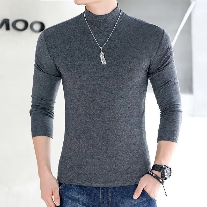 Casual Tees Turtleneck Long Sleeve T-Shirt Men's Plus Size 5XL Shirt Korean Spring Summer Solid  Half High Collar Bottom Shirt