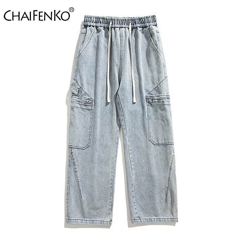 

Spring Autumn Outdoor Multiple Pockets Man Straight Pants Loos Retro Style Elastic Hip Hop Jeans New Solid Casual Pants Man
