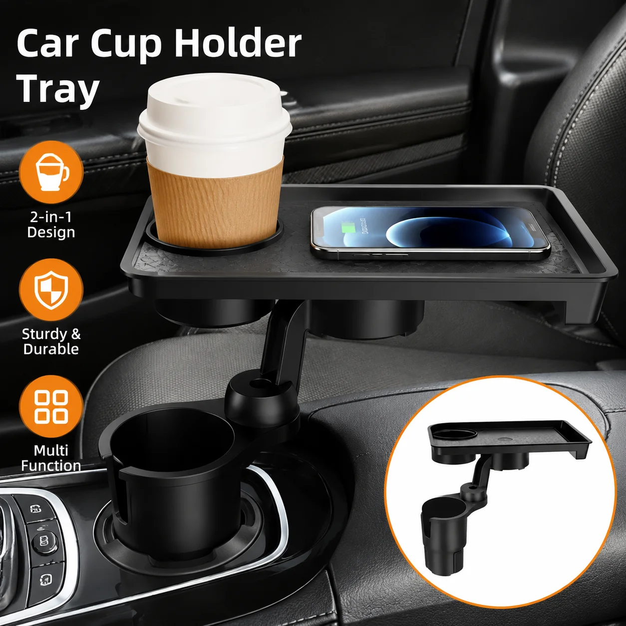 Car Cup Holder Expander Multi-Function Drink Holder with Food Table 360-Degree Adjustable Base Tray for Snack