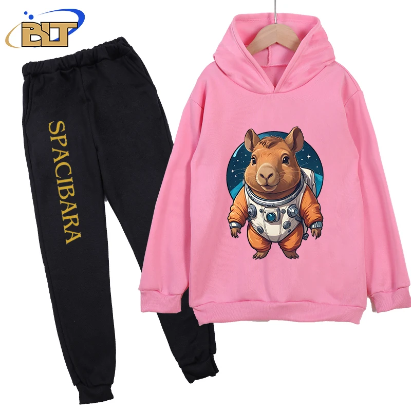 Capybara astronaut print kids hoodie set pink sweater pants 2-piece set autumn and winter children's clothing for girls