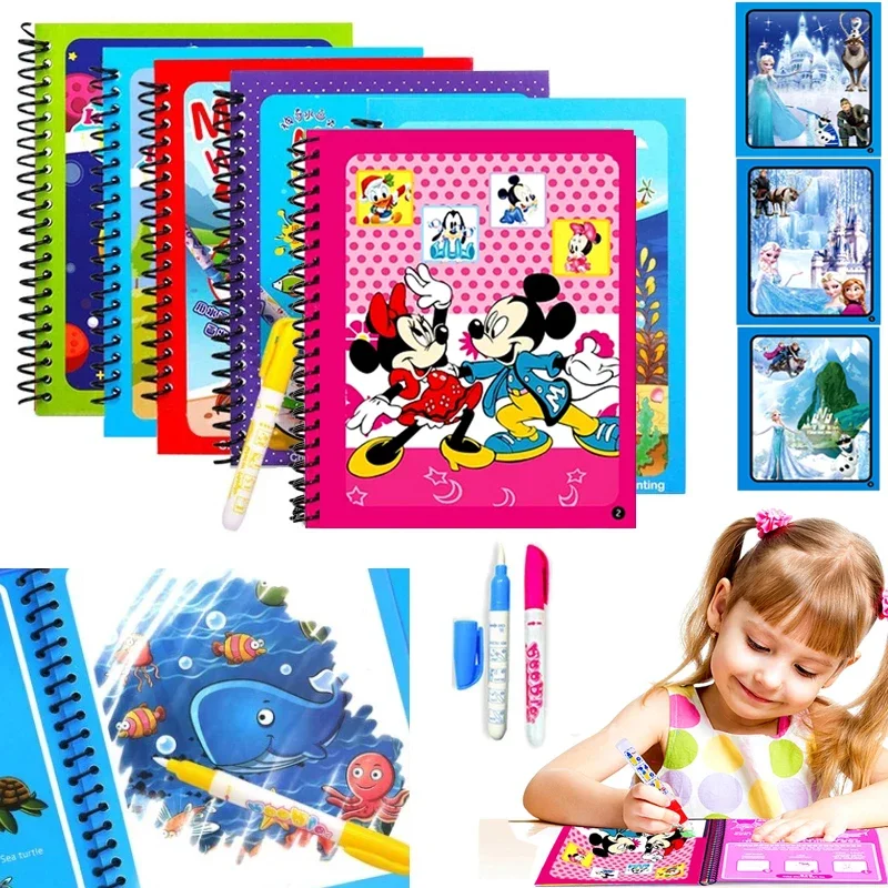 Disney Frozen Mickey Minnie Montessori MagicWater Pen Drawing Book Coloring Doodle Painting Board For Kids Toys Birthday Gifts