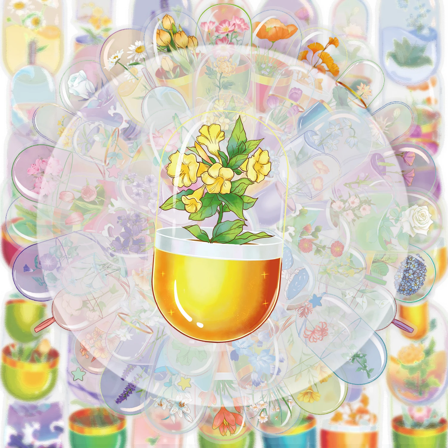50 Pieces of Patterned Capsule Transparent Stickers, Suitable for Decorating Water Bottles, Laptops, Mobile Phones, Suitcases, Skateboards, Guitars, Gift Boxes, and Party Decorations