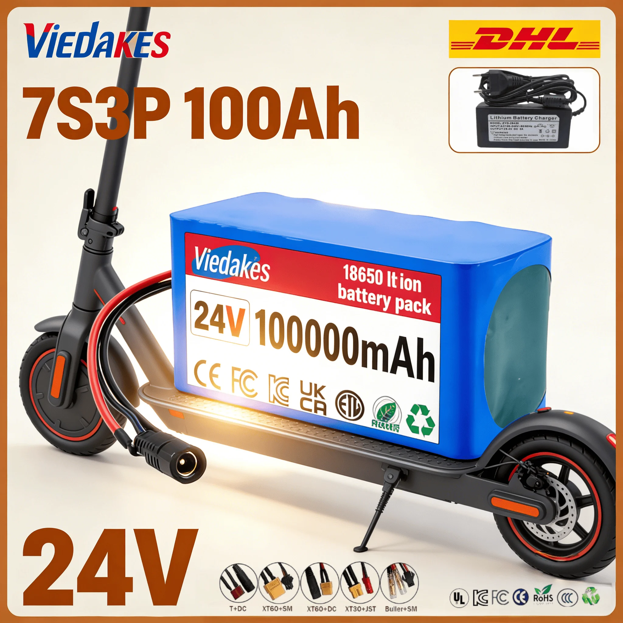 

NEW 24V 100Ah 7S3P 18650 Lithium Battery High Capacity 24V 100000mAh Rechargeable Battery Pack with 2A Charger for Electronics