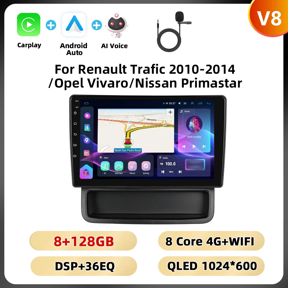 Podofo 10.1 ''8 Core Car Audio For Renault Trafic 2010-2014/Opel Vivaro/Nissan Primastar Carplay Android Auto Qualcomm DSP RDS