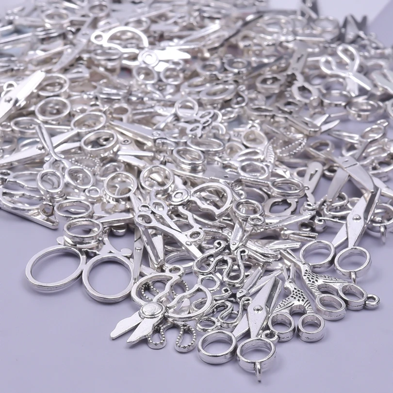 Wholesale Mix Scissors Charms For Jewelry Making Supplies Metal Sewing Tools Pendant Silver Color DIY Materials To Make Keychain