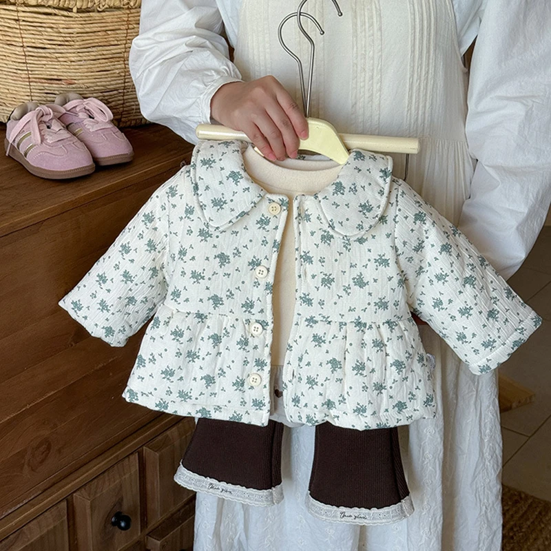 Winter Baby Girls Floral Printed Cotton Coat Korean Style Lapel Long Sleeve Thick Warm Cardigan Jacket Female Outerwear Tops