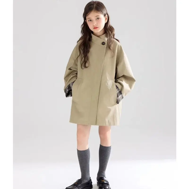 Teenage Girl Trend Coat Retro Standing Collar Jacket Spring Autumn Fashion New Children's Long Coat