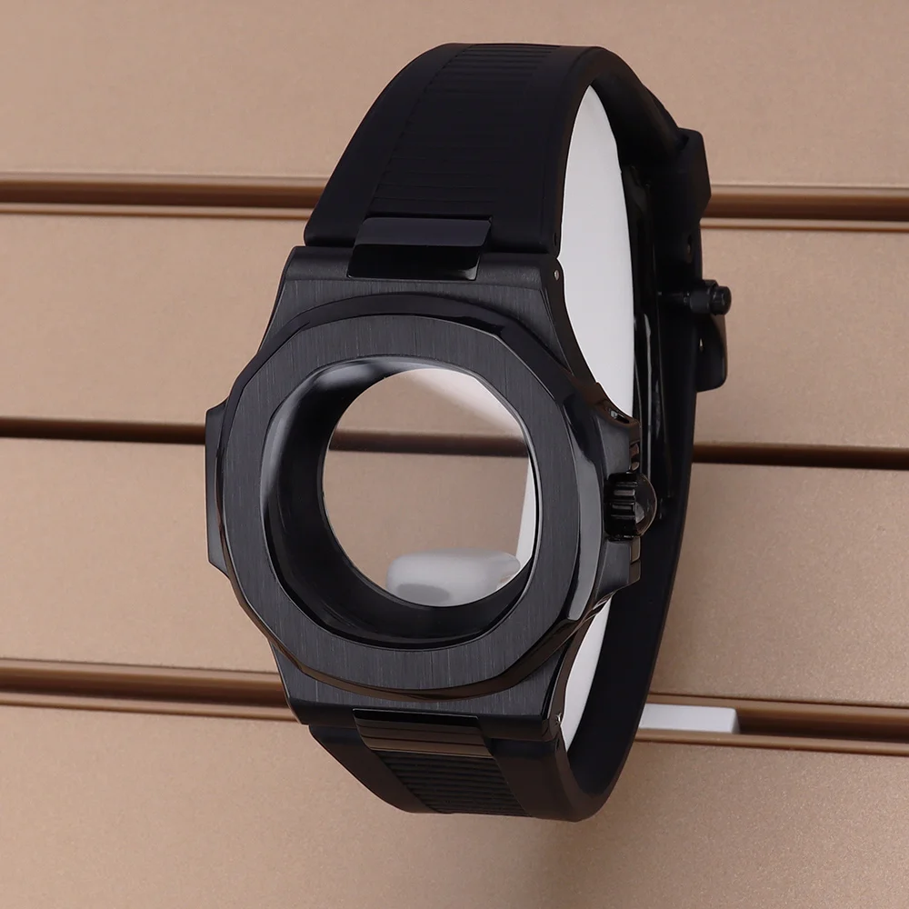 Black 40MM Watch Case Transparent Back Waterproof Sapphire Glass For Nautilus NH34 NH35 NH36/38 4R36 Movt Rubber Watchbands Part