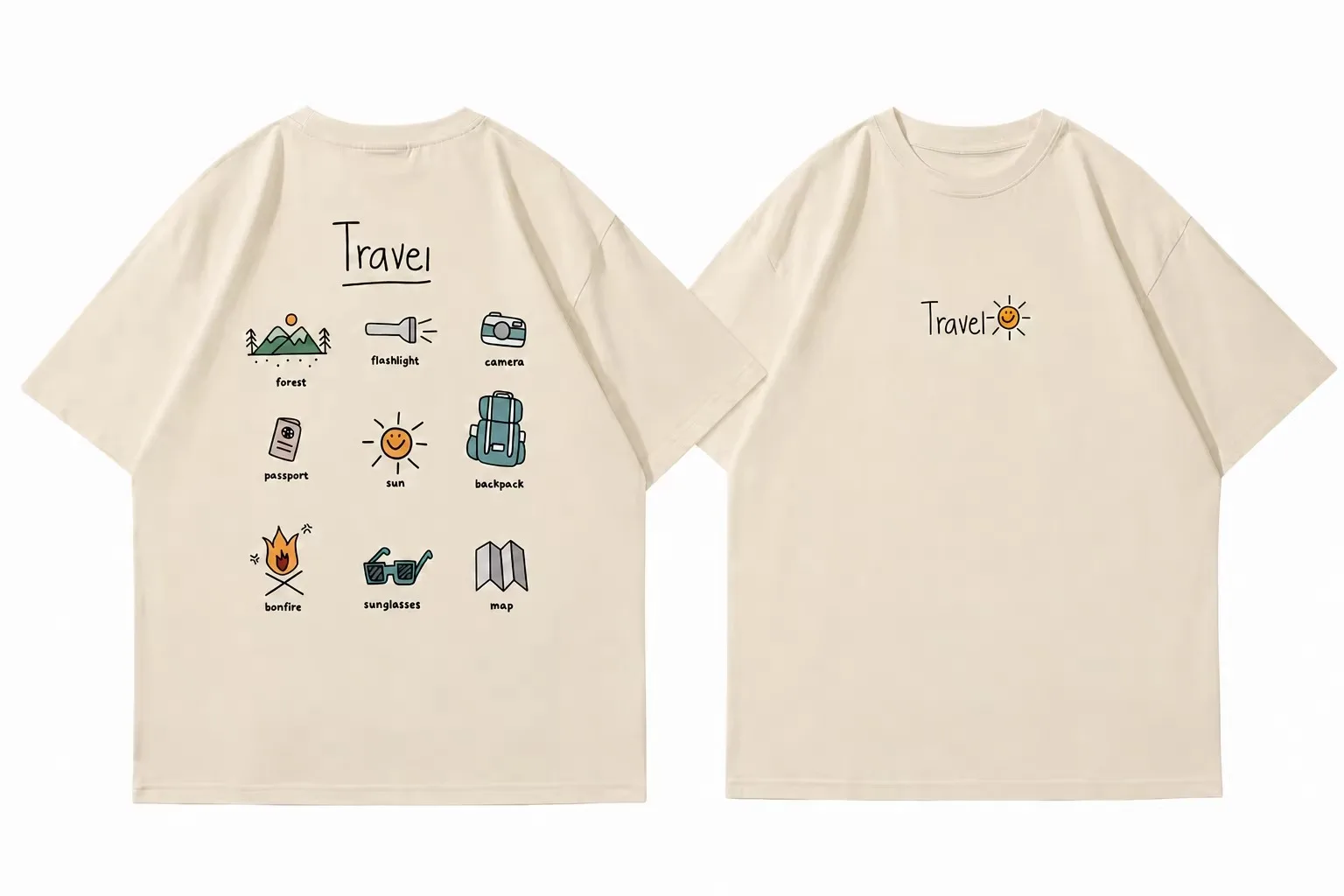 2026 Men Travel Hand Drawn Outdoor Icon Back Print T Shirt Camping Adventure Graphic Short Sleeve Beige Cotton Oversized Tee