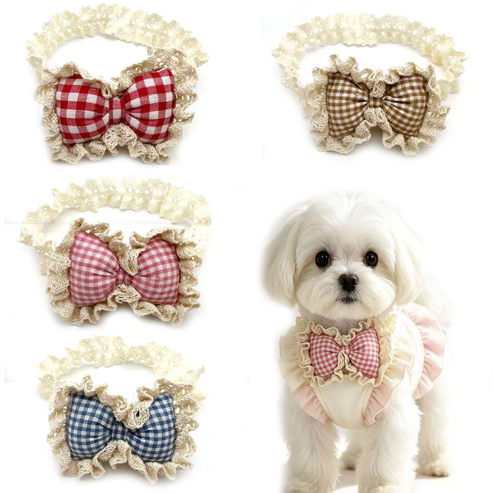 30/50 Stück Modische Karierte Hundeschleifen-Krawatten aus Spitze, Elastisches Hundehalsband, Welpen- und Katzenhalskette, Haustierpflege-Zubehör für Hunde – Detail 3