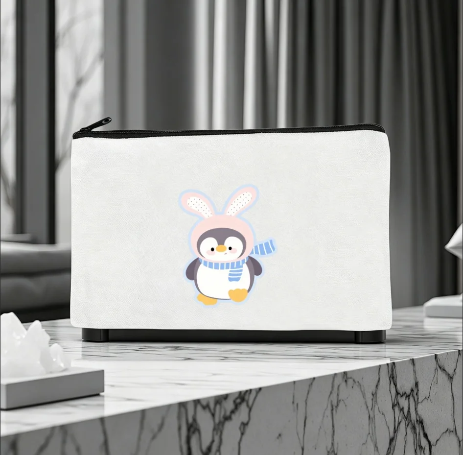 1pc Cute Penguin With Bunny Ears Scarf Print Canvas Cosmetic Bag Zipper Makeup Pouch Kawaii Cartoon Animal Gift
