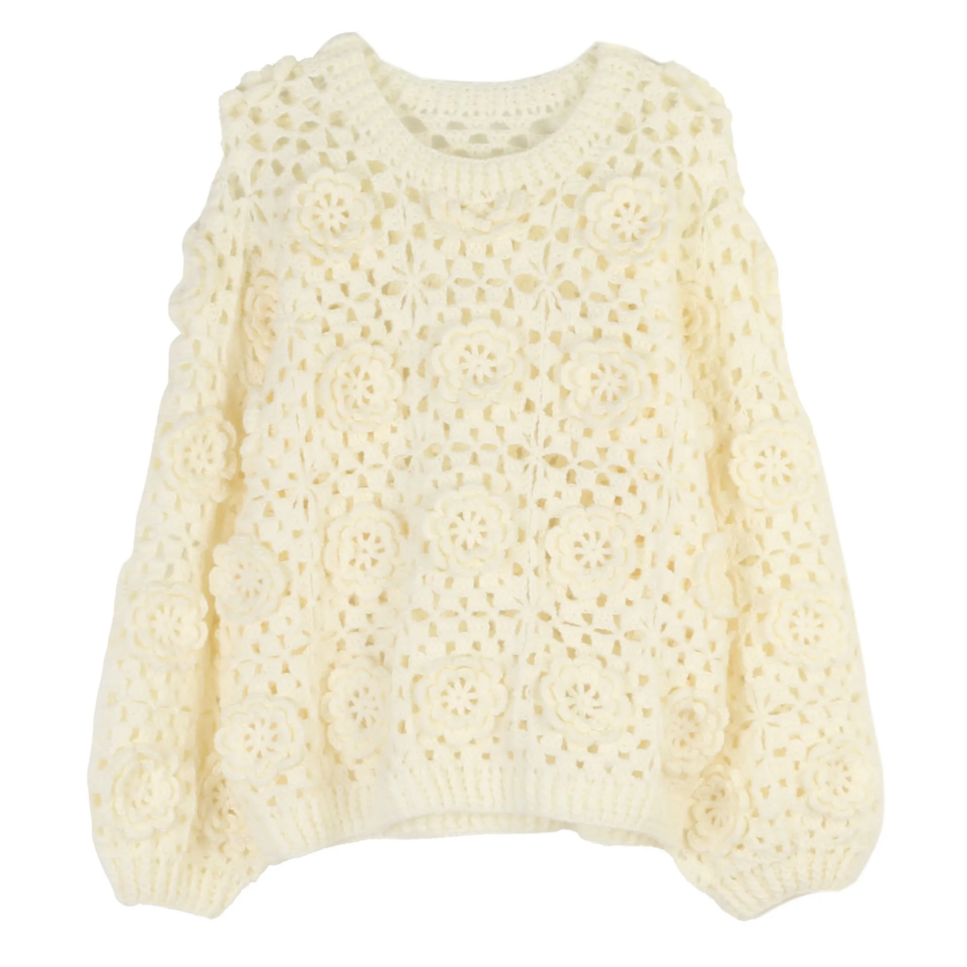 

Korean Flower Crochet Pullover Sweater Women's Round Neck Hollow Out Hook Gentle and Thin Autumn Long-sleeved Knitted Sweater