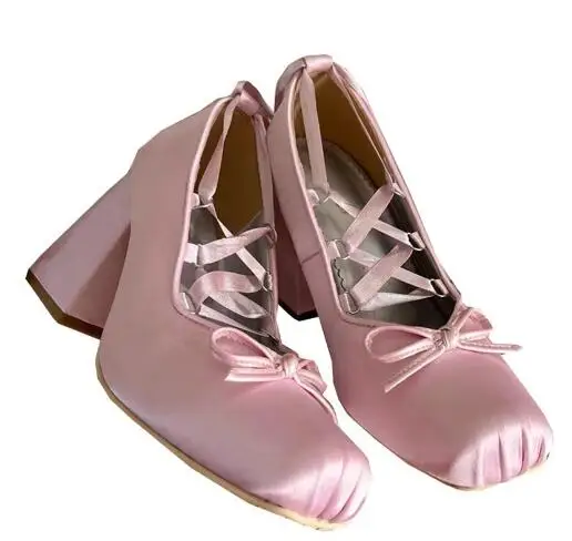 French Girls Pink White Blue Silk Square Toe Bow Tie Front Cross Tied Lace Up Chunky Heels Pumps Women Mary Jane Lolita Shoes