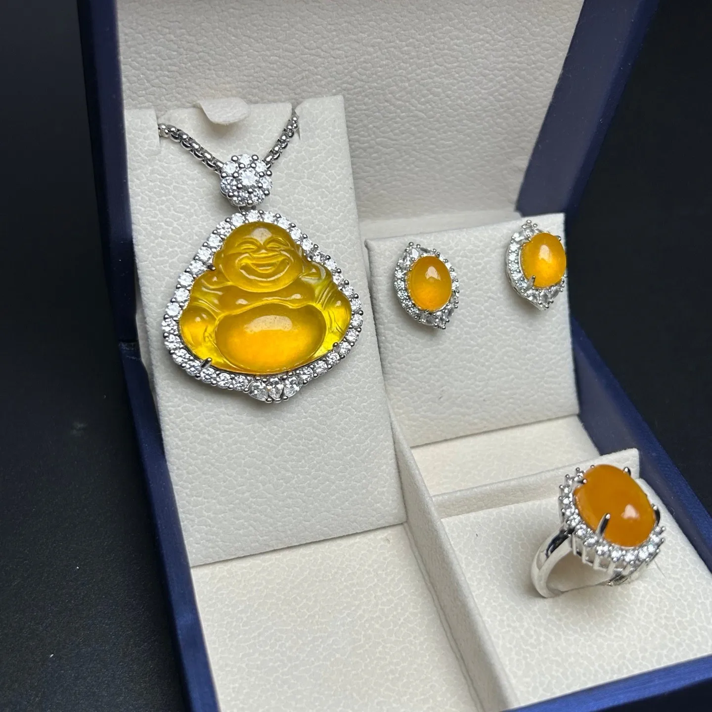 AAA Real Natural Ice yellow Jade jadeite Buddha necklaces&Rings&earrings Sets 3pcs