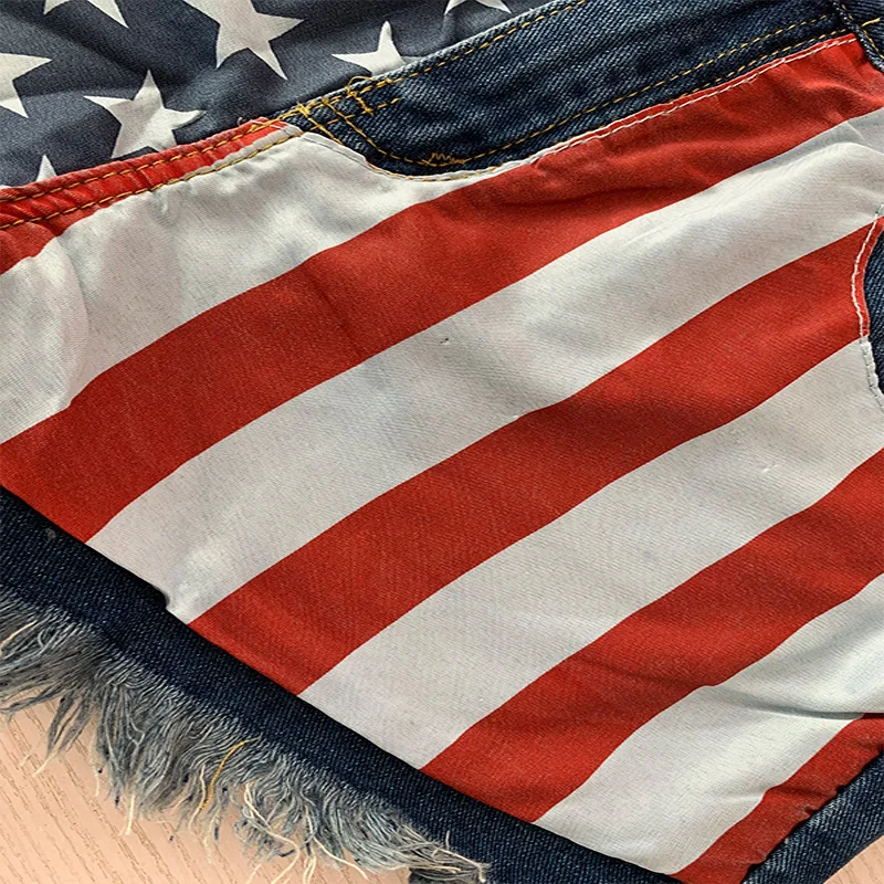 Celana Jeans Wanita Model Straight Leg High Waist Punk Sle dengan Motif Bendera dan Rumbai, Celana Denim dengan Motif Bintang untuk E-commerce Lintas Batas