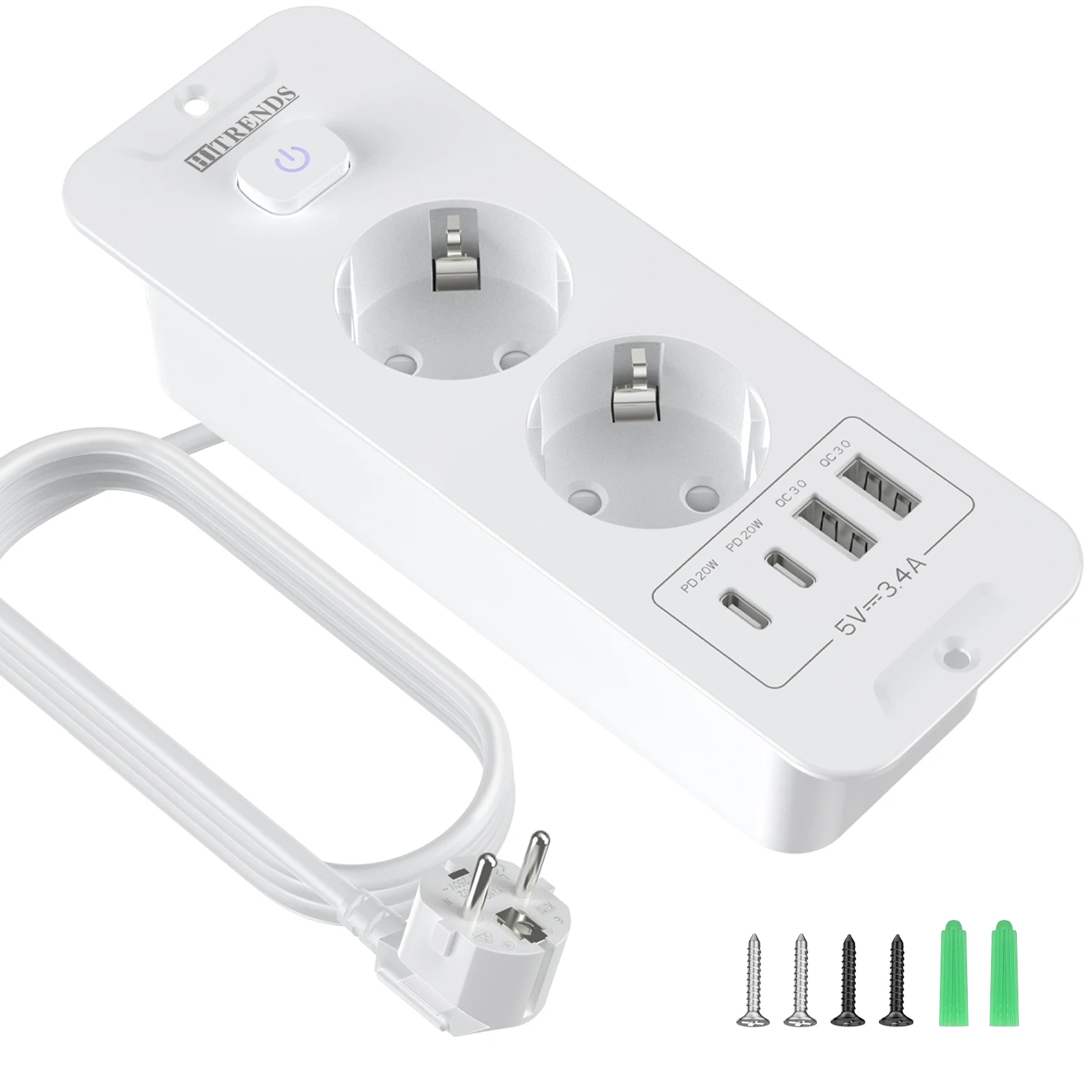 Desktop Built-in Socket with 2 USB A and 2 Type-C PD20W EU Double Plug Table Recessed Socket Power Strip 2M Extension Cord