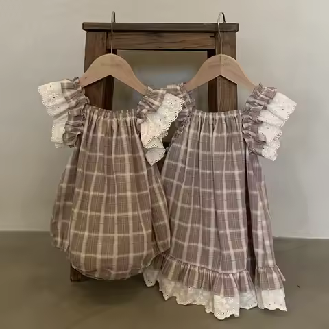 0-6Yrs Sister Dress Summer Children Clothes Kids Princess Dresses Flying Sleeve Cotton Grid Infant Romper Baby Girl Party Dress