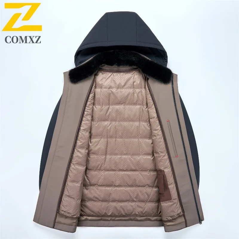COMXZ High Quality Mens Long Down Jacket Hooded Outdoor Office Lightweight Puffer Jackets Luxury Business Windproof Winter Parka