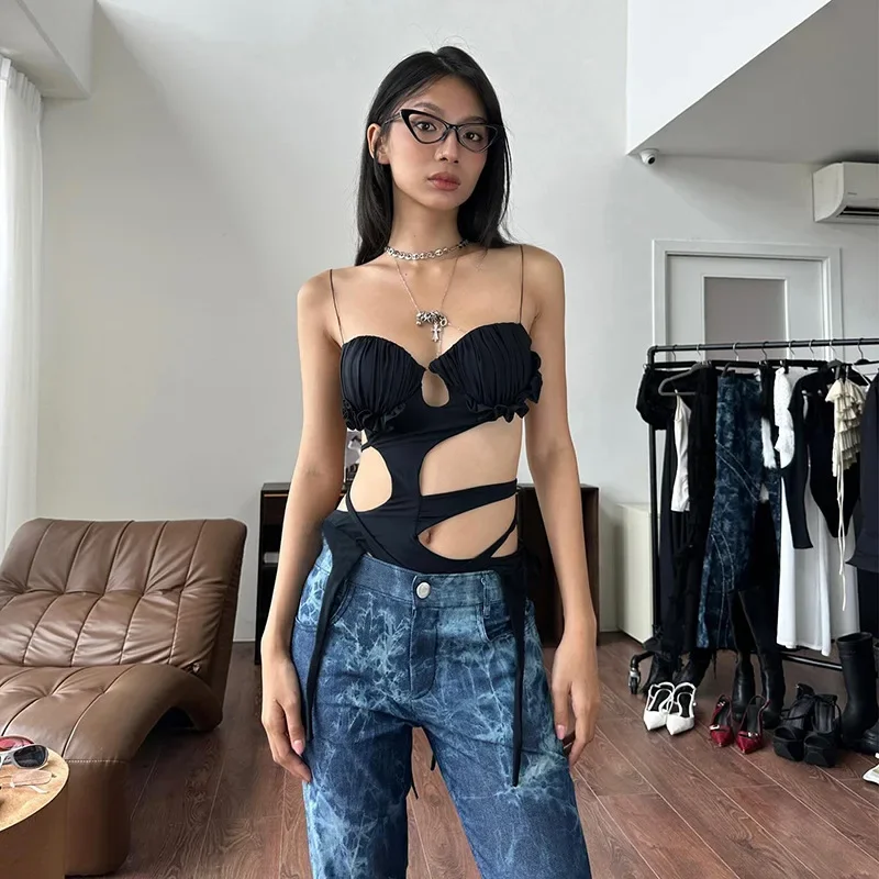 2024 Summer Women's New Style Sexy Hot Girl Hollow Suspender Tube Top Irregular Strap Jumpsuit Party Club Outfit