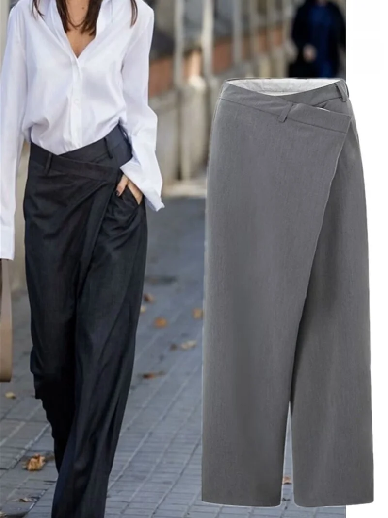 

High Waist Casual Suit Pants Design Sensation Street Style Wide Leg Pants Asymmetrical Hemline Slimming Effect Fashionable