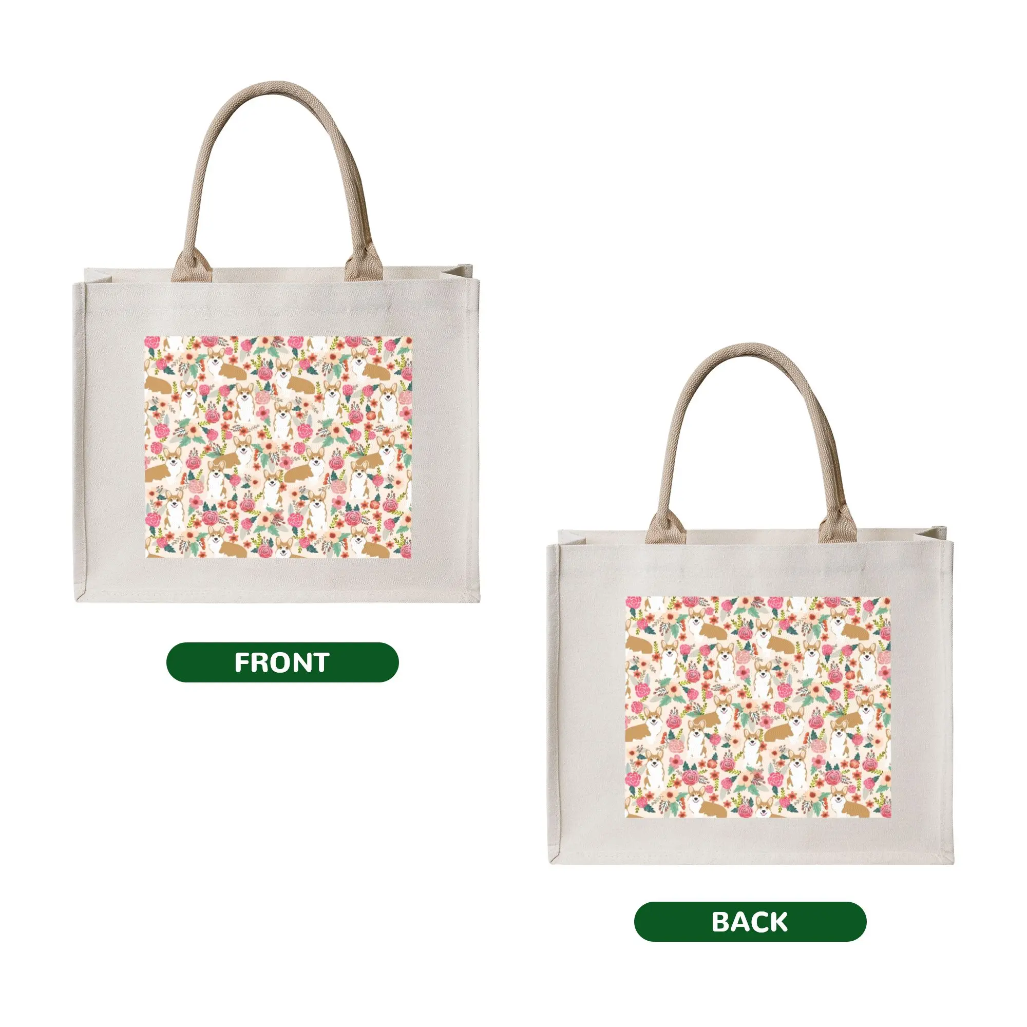 Corgi Floral Flowers  Groceries Shopping Bag Kawaii Shopper Tote Shoulder Bags Big Capacity Portable Welsh Corgis Dog  Handbag