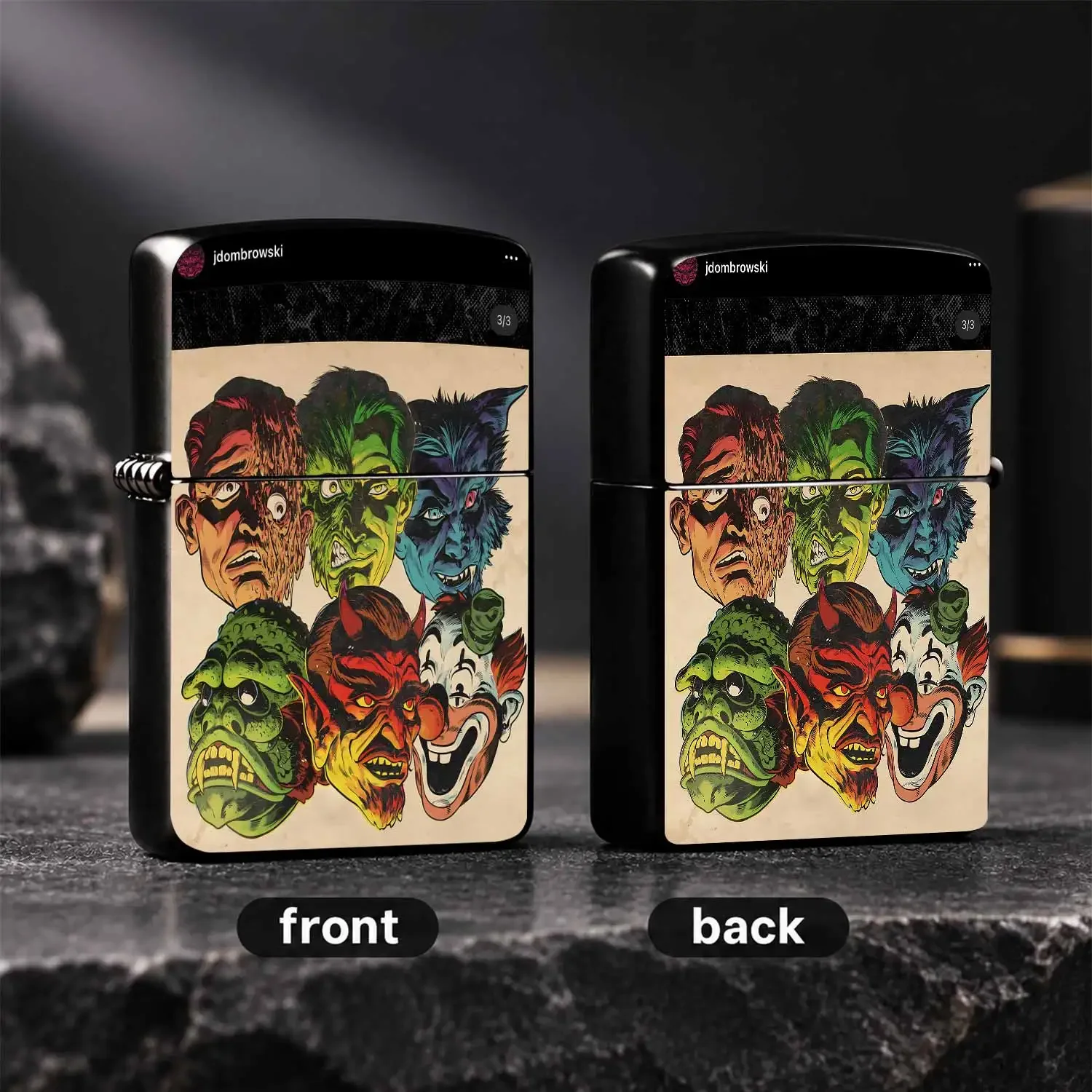 Retro American Comic Style 6 Quirky Monster Heads Pattern , Cool Spooky Portable Ignition Tool, Ideal For Daily Carry, Home Decor, Outdoor Camping, Gifting, Unique Novelty Collectible For Horror Comic Fans, Fits All Daily Scenarios As A Fan