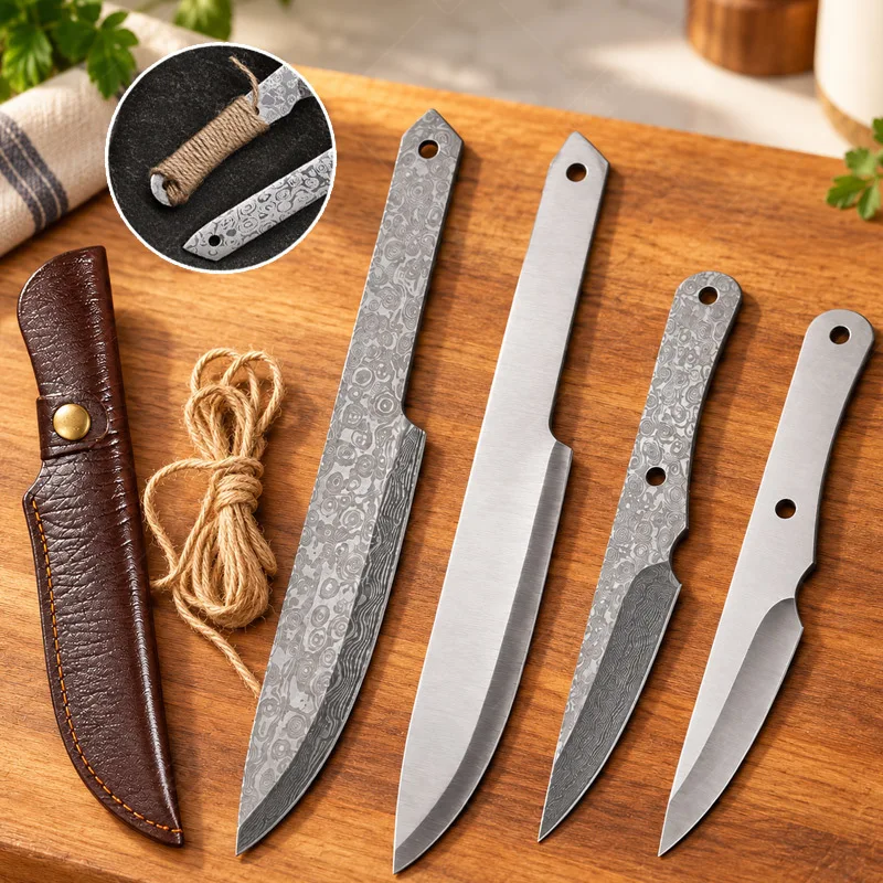 WXCOO Blade Blank Stainless Steel Kitchen Knife DIY Handle with Hemp Rope Sheath Sharp Meat Fruit Cutting Butcher BBQ Grill Tool