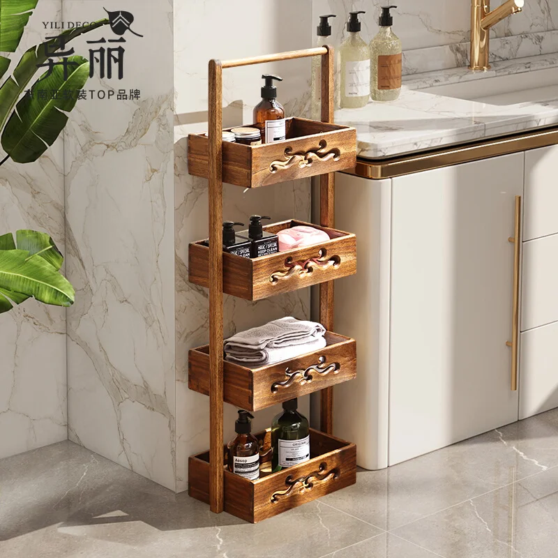 Vintage Solid Wood Shelf Multi-Layer Bathroom Storage Stand Slim Floor Organizer Rack Wooden Narrow Space Display Unit
