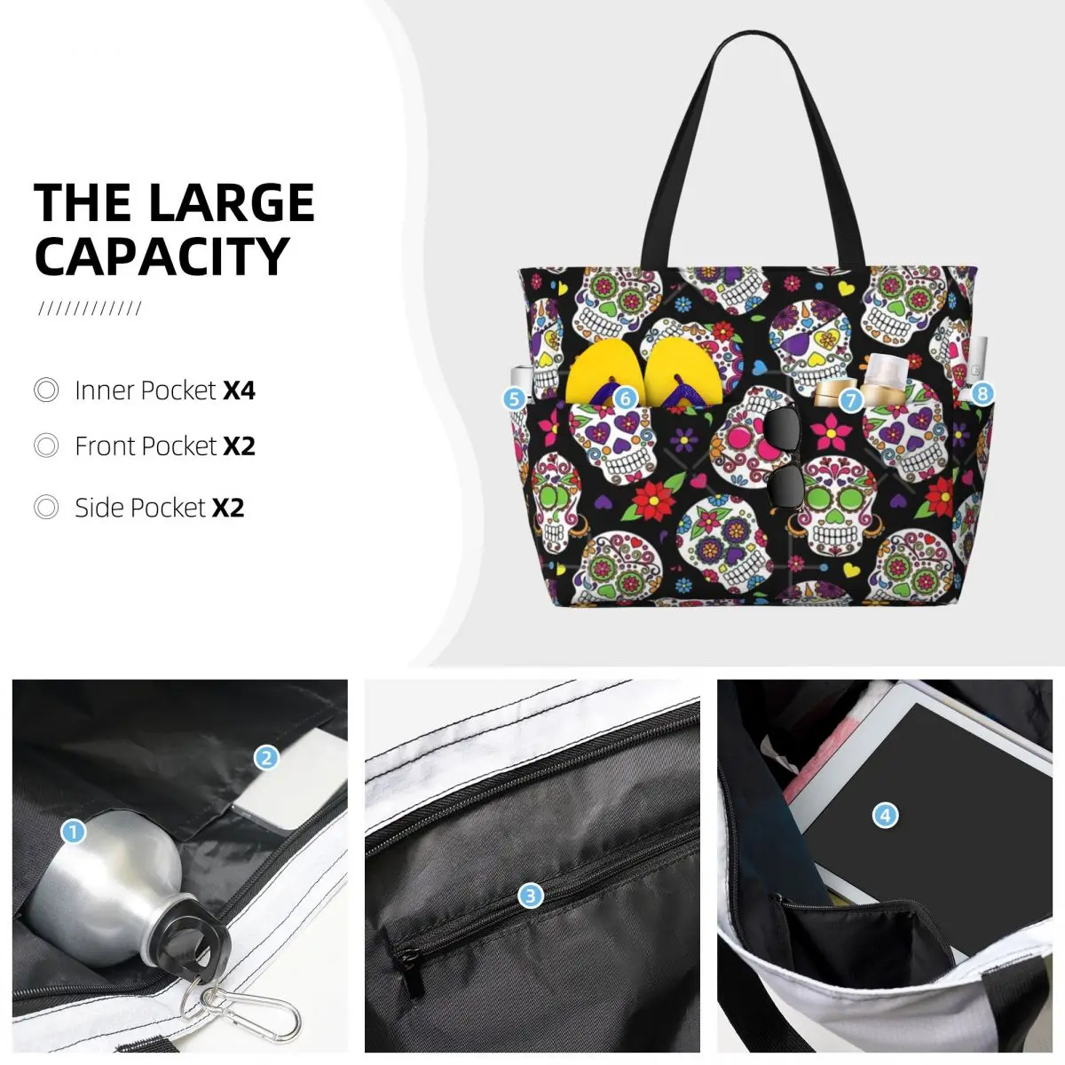 Day Of The Dead Sugar Skull Pattern borsa da viaggio da spiaggia, Tote Bag borsa a tracolla per adulti alla moda modello Multi-stile