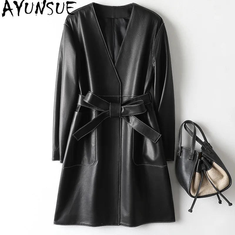 سترة من الجلد الطبيعي من جلد الغنم 100% من AYUNSUE للنساء 2025 معطف متوسط الطول سترات نسائية ملابس الخريف Jaqueta Couro