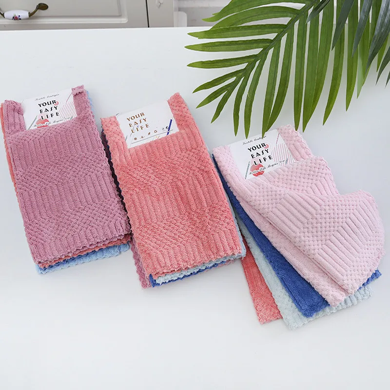 4Pcs/Pack 30x30cm Coral Velvet Square Towel Soft Absorbent Kitchen Cleaning Tool Rag Dish Cloth Scouring Pads