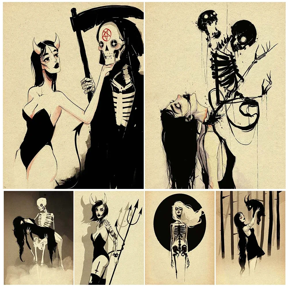 

Devil Girl And Death Vintage Wall Art Canvas Painting Zombie Girl In The Cemetery Gothic Art Poster Print Home Decor Unframed