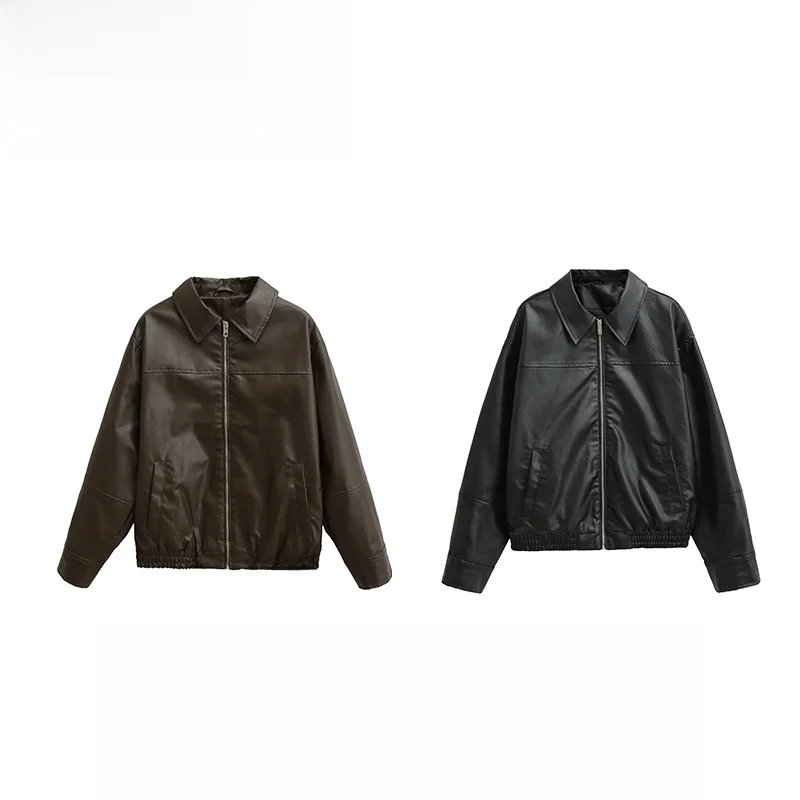 

ZBZA Spring New Women's Faion Design PU Leather Coat Long Sve Commute Sle Regular Fit Zipper Closure ket Detail
