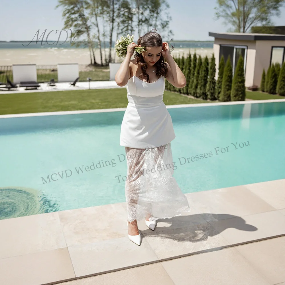 Plus Size Satin Wedding Dress Detachable Lace Train Strapless Short Bride Reception Dress Civil vestido novia 2026
