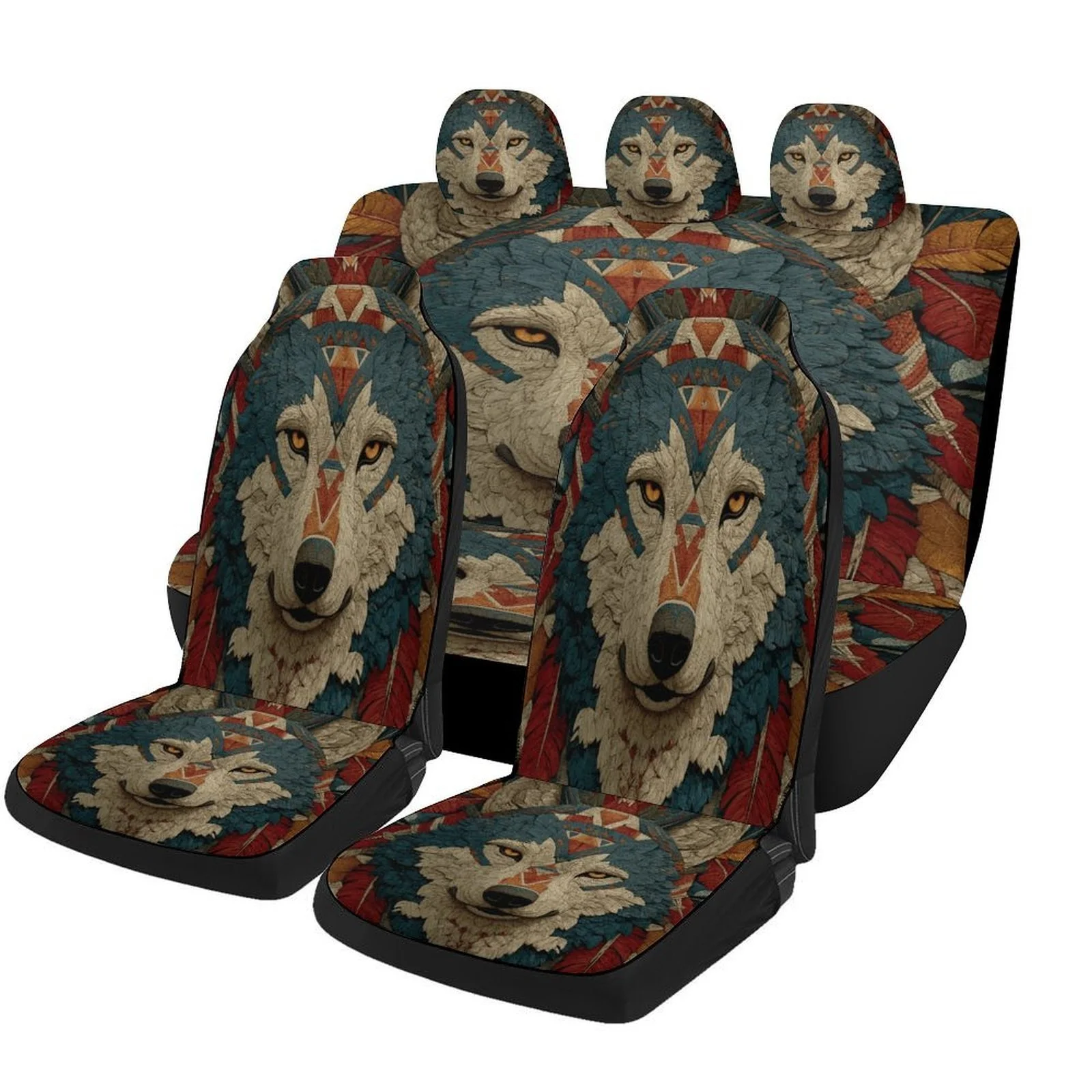 Wolf Tribal Art Designed Car Seat Cover Set For Most Cars, Trendy Novelty High-quality Car Seat Protector Covers Full Set, Unive