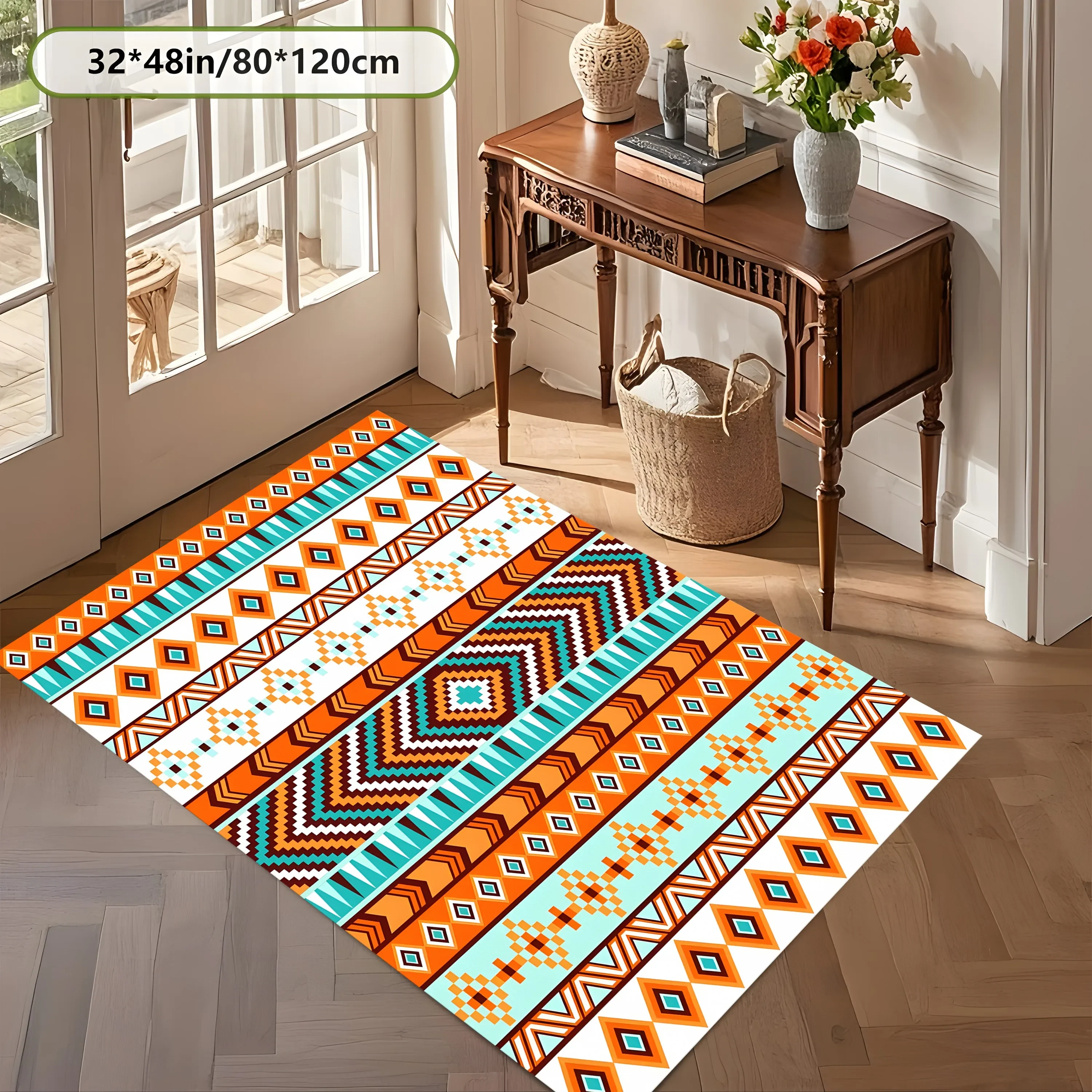 Bohemian Retro-Style Geometric Diamond-Shaped Ethnic Pattern 2D Carpet, Suitable for Living Room and Bedroom