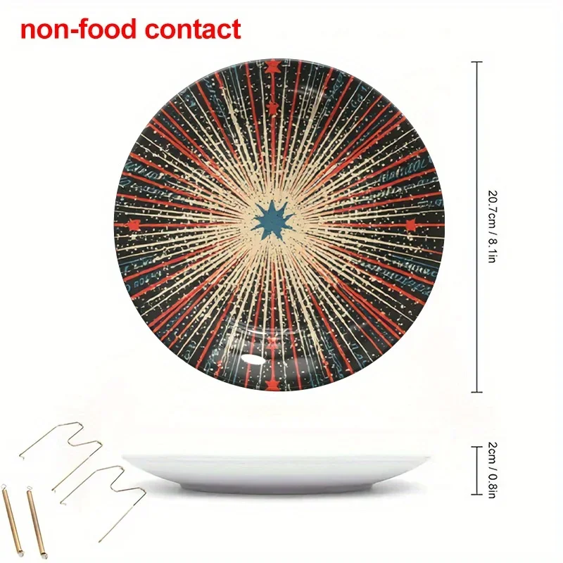 1pc 8-Inch Vintage Round Ceramic Wall Plate with Red Black Golden White Starburst Pattern - Modern Home Decor Jewelry Display