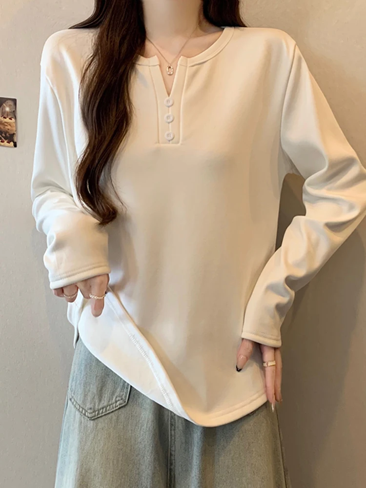 

Женский трикотажный топ большого размера с V-образным вырезом, осенне-зимний, приталенный, на пуговицах, в корейском стиле, для повседневной носки