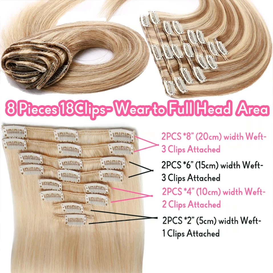 CHARITES 8Pcs/Set Clip In Human Hair Extensions 50-80g Natural Hair Thin Straight Hairpiece 8-24