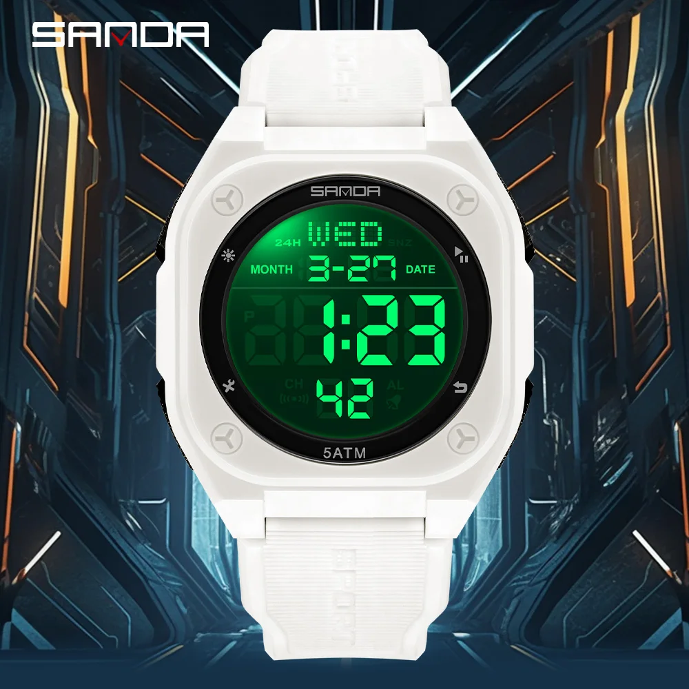 SANDA 6272 디지털 시계 다기능 알람 시계 빛나는 방수 실리콘 손목 시계 캐주얼 학생 전자 시계