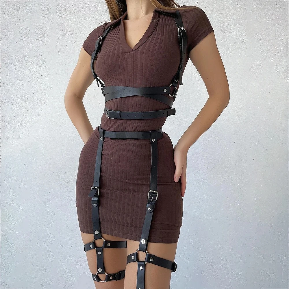 Leather Work Harness - ชุดเข็มขัดรัดเอวแฟชั่นสำหรับผู้หญิง ทำจากหนัง PU ชุดเข็มขัดรัดเอวรัดตัว สายรัดหน้าอก สายรัดขา