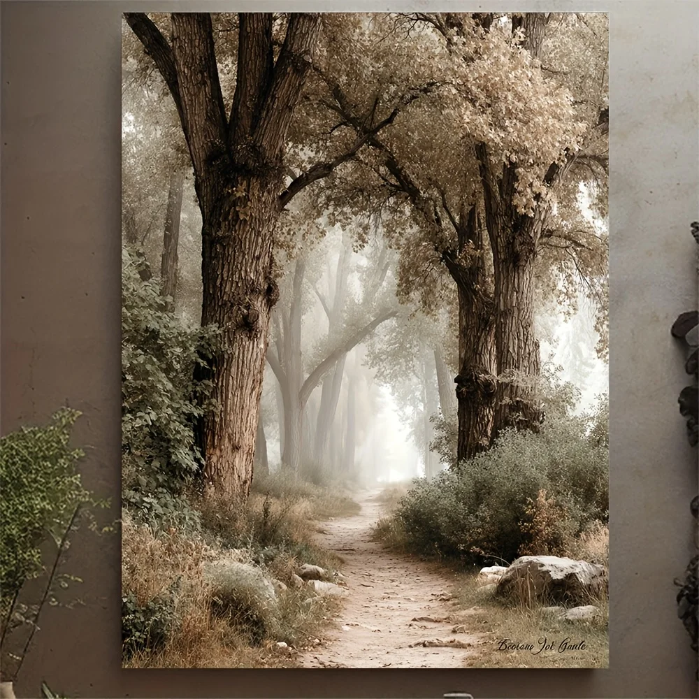 (No frame)2D Flat, 1pc Framed Canvas Wall Art - Sepia Tree Landscape Oil Painting with Reclaimed Wood Frame, Ready-to-Hang Na