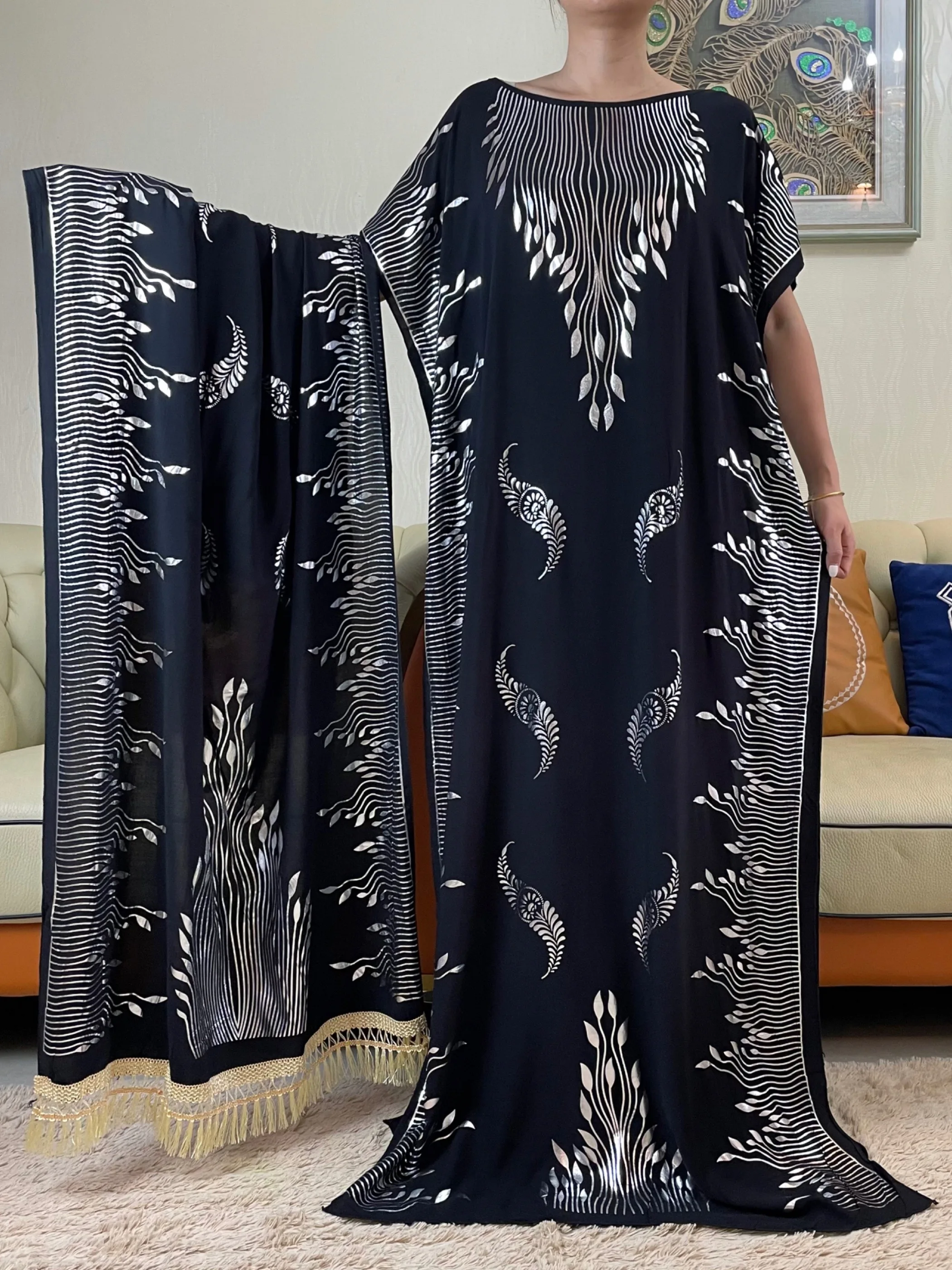 2023 New African Abaya With Big Scarf Summer Women Short Sleeve Dresses Printed  Silver Loose Boubou Maxi Islam Cotton Clothes